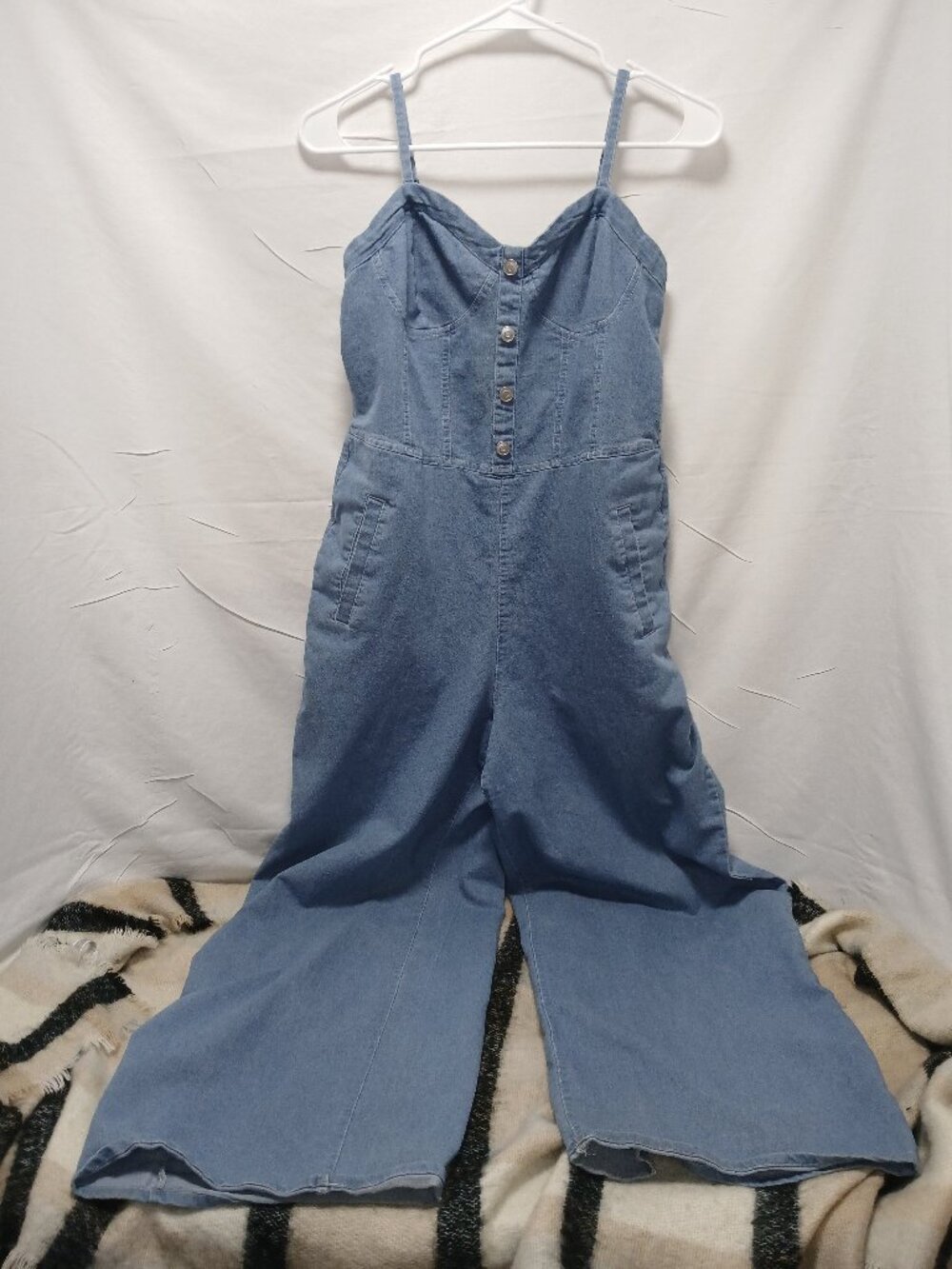 Heart & Moon Denim Wide‑Leg Jumpsuit | Button Front | Women’s Large
